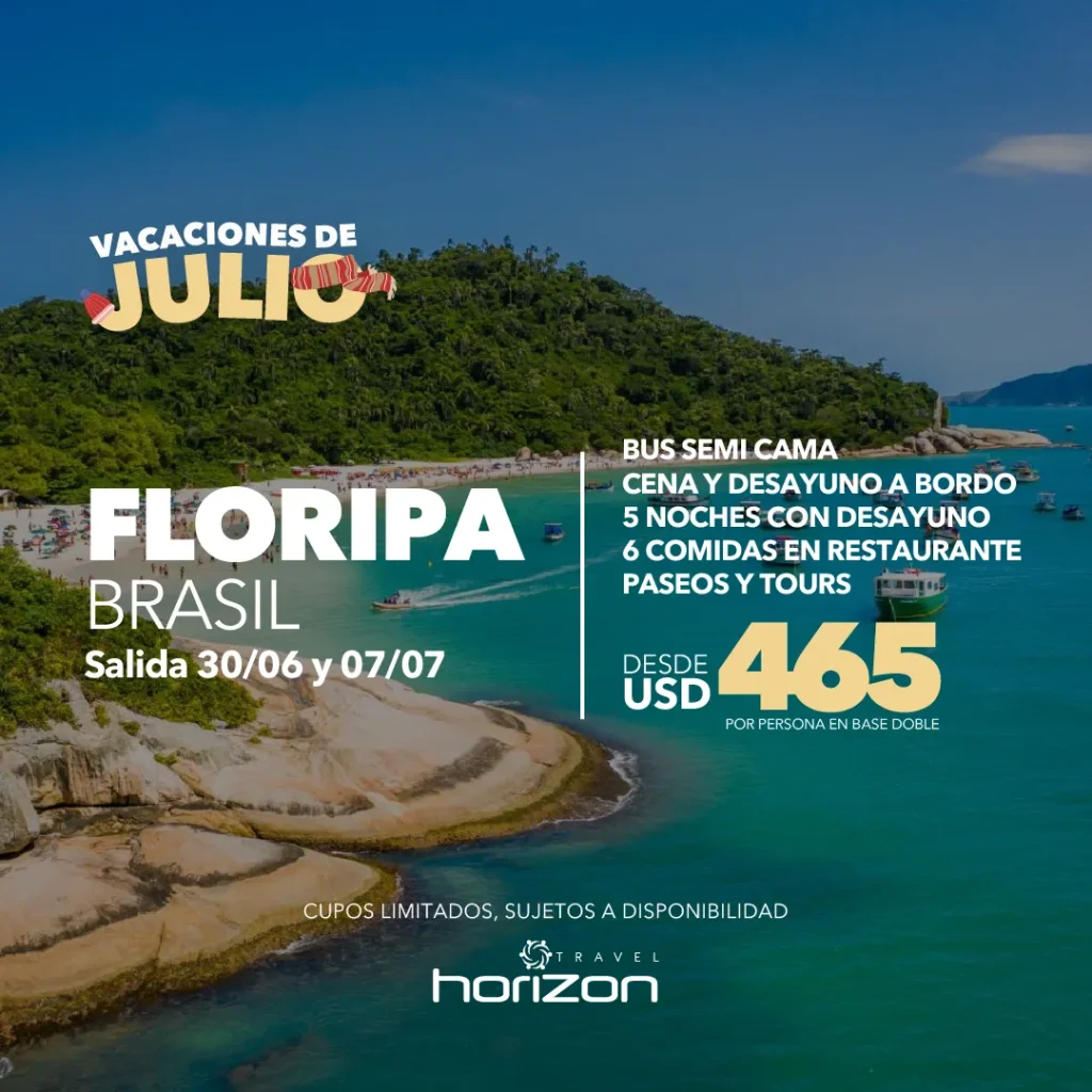 Vacaciones de julio Floripa - Brasil, paquete turístico en bus, con servicio a bordo, comidas, paseos y tours.